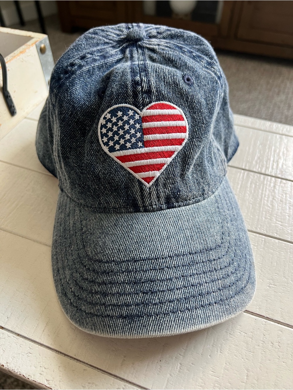 Mighty Fine Denim Baseball Cap with American Flag Heart Patch - Blue, Red, White